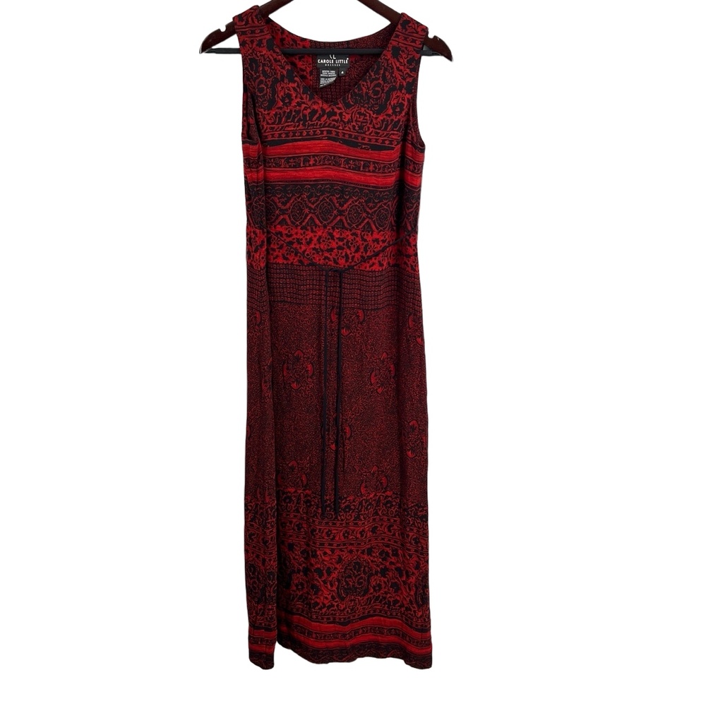VTG Carole Little Midi Dress Red Black Pattern Sleeveless‎ VNeck Size 4